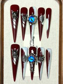 Handmade Wearable Press-On Fake Nails, Blue Demon Eye, Spider Web, Bat, Demon Horn, Skull Claw Design, Fashionable High-End Halloween New Style, Reusable For Girls, Autumn/Winter Fashion Item - Multicolor - View 3