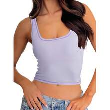 Women Rib Tank Top Padded Workout Top Square Neck Crop Tank Fitted Basic Cami Tops - Lilac Hint - View 1