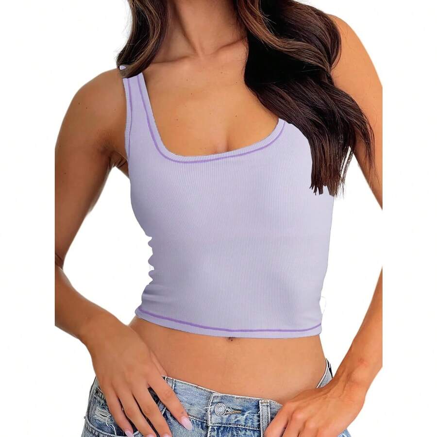 Women Rib Tank Top Padded Workout Top Square Neck Crop Tank Fitted Basic Cami Tops - Lilac Hint - View 1