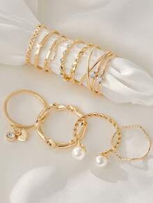 Set da 20 pezzi di ciondoli e anelli a forma di cuore decorati con perle finte e strass, adatti come regali di Natale e per l'inverno per le donne - Oro giallo - Visualizzare 4