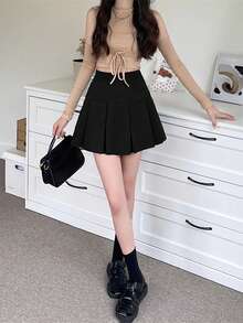 Women's Solid Color Casual Pleated Mini Skirt, Cute Daily Wear - Black - View 5