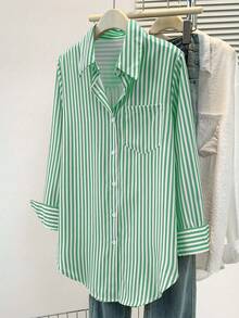 ​Women's Casual Basic Striped Point Collar Long Sleeve Shirt Top With Button Pocket, Daily Office Wear Fall Winter Spring Clothing​