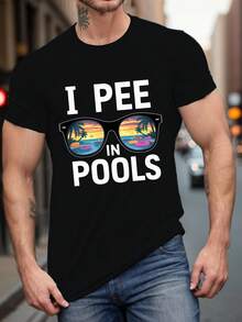 Camiseta Casual de Verano para Hombre con Estampado de Gafas - Patrón Geométrico, Poliéster, Tejido de Punto, Ajuste Regular, Cuello Redondo, Adulto - Diseño I PEE IN POOLS - Negro - Ver 1