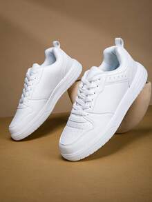 大码男士轻便休闲运动鞋 - 防滑 EVA 鞋底，纯色超细纤维鞋面和织物衬里，圆头系带设计，厚底休闲运动鞋，适合户外、校园、派对、度假、街头、滑板，简约百搭的鞋子 - 白色 - 查看 8