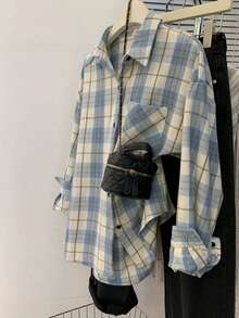 Women's Spring Plaid Patchwork Front Button Pocket Casual Shirt - Blue - View 1