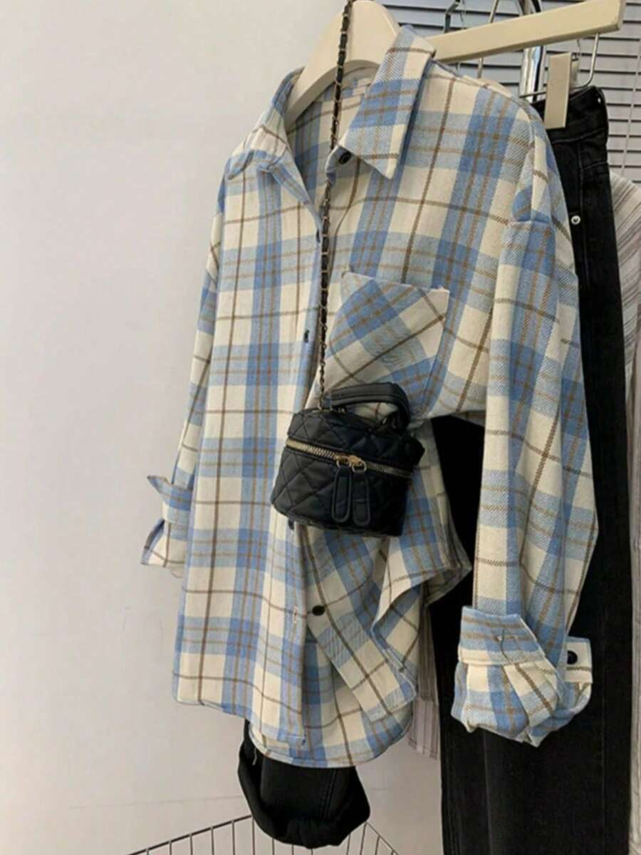 Women's Spring Plaid Patchwork Front Button Pocket Casual Shirt - Blue - View 1