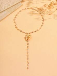1pc Luxury Design Pearl Embellished Y-Shaped Long Necklace, Elegant Gold 3D Floral Decor Jewelry For Women, Suitable For Daily Wear, Parties, Festivals. Chain Length Can Be Customized.