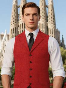 Retro Men's Western Cowboy Suit Vest Slim Fit V Neck Suede Leather Dress Vests Vintage Prom Wedding Casual Waistcoat - 紅色 - 查看 4