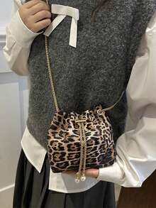 Mini New Fashion PU Leopard Fabric Drawstring Chain Bucket Bag, Women Versatile Shoulder Bag, Fall Winter Fashionable Cheetah Print Purse For Women, New Fall Winter Tiger Print Bag For Women - Multicolor - View 8