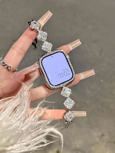 1pc Silver Gemstone & Glitter Jewelry Crystal Diamond Encrusted Gold Metal Frame Watch Bands, Compatible With Ultra3 2 1 SE S10 S9 S8 S7 S6 S5 S4 S3 S2 S1, Fashionable & Elegant, Suitable For 38mm 40mm 41mm 42mm 44mm 45mm 46mm 49mm Smart Watches Women