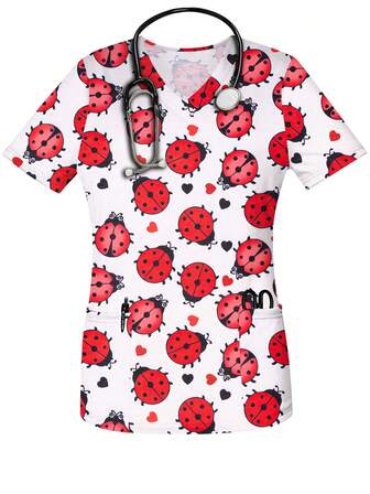 Blusa de uniforme de enfermera con cuello en V, manga corta, estampado divertido de escarabajo, para primavera, verano y otoño, con bolsillos para mujeres