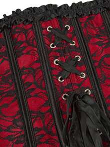 Corset bustier overbust sans bretelles pour femmes, top moulant avec détail nœud en dentelle, fermeture par boutons à l'avant, laçage dans le dos, convient pour Halloween - Rouge foncé - Voir 9