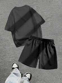 Men's Short Sleeved Shorts Set 2-Piece, Spring And Autumn Style Short Sleeved T-Shirt+Shorts, Soft And Comfortable, Machine Washable, Dry Cleanable, High-Quality - Artistic Font Slogan - Printed Pattern Pullover+Pants,  Hip-Hop Style, Suitable For Festivals, Back To School, Streets, Outdoor Outings - 黑色 - 查看 2
