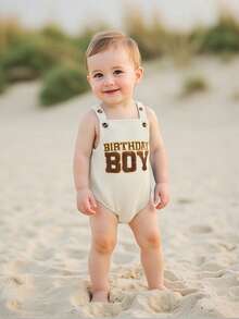 Infant Baby Boy Romper Fashionable Letters Embroidery Square Neck Sleeveless Jumpsuits - 杏色 - 查看 2