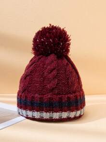 1 pièce Bonnet tricoté à pompons rayés bicolores, chapeau tricoté chaud, doublé thermique, polyvalent et pour l'hiver, pour un usage quotidien, les déplacements et les courses - bande - Voir 5