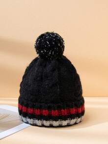 1 pièce Bonnet tricoté à pompons rayés bicolores, chapeau tricoté chaud, doublé thermique, polyvalent et pour l'hiver, pour un usage quotidien, les déplacements et les courses - bande - Voir 4
