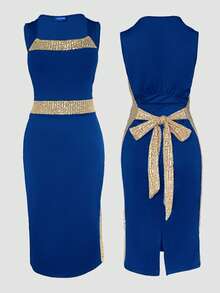 ChicMe Đầm midi nữ cổ vuông không tay hở lưng đính sequin thắt eo nơ xẻ tà, kiểu dáng gợi cảm, thanh lịch, ôm sát, thích hợp cho tiệc cocktail hoặc dạ hội. - Màu xanh lam - Xem 5