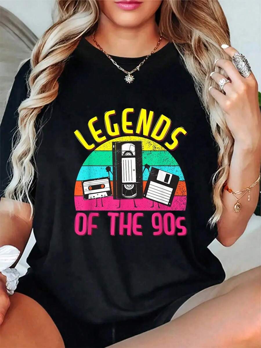 100% Cotton 90s Party Outfit For Women & Men 90's Costume Legends 90s T-Shirt Women's Men's Summer Comfort Soft Crew Neck Tee Tops - Black - View 1