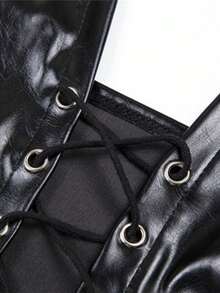 2025 New Women's Halter Neck Lace-Up PU Crop Top, Navel-Exposed Fashion Vest, Trendy Hollow Design, Sexy Party Outfit, Summer Festival Top - Negro - Ver 10