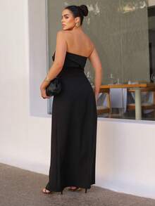 Women's Long Midi Satin Crepe Dress - Árbora Eminense. - 黑色 - 查看 6