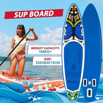 Aufblasbares -Board für Erwachsene mit Zubehör inklusive: Paddel, Finnen, Pumpe. Stand-Up-Paddle-Board mit großer Stabilität und Haltbarkeit. 335 x 83 x 15 cm, maximale Belastung 165kg.