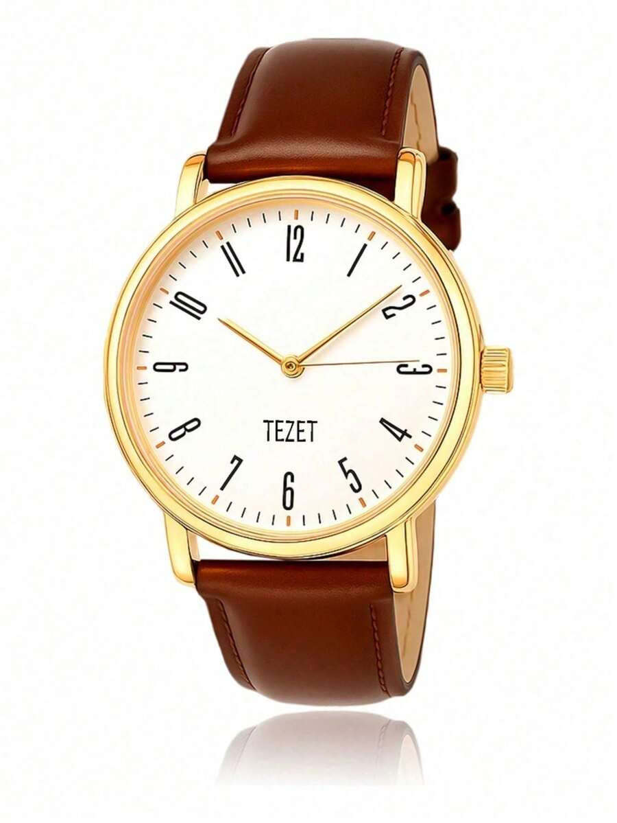 Men's Watch With Leather Strap And Metal Original Launch - Gold/Brown - View 1