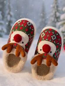 Pantuflas unisex lindas de reno navideño con suela gruesa y cálida, pantuflas de felpa para interiores/exteriores con estampados aleatorios, para otoño/invierno