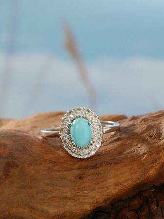 皇家天然绿松石戒指 925 银水晶天体光环 7*5 毫米椭圆形绿色诞生石宝石个性珠宝波西米亚风礼物