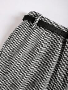 EARO 法式复古女式休闲简约舒适日常百搭束腰千鸟格褶前开衩高腰松紧腰修身性感优雅宽松 OL 职业紧身裙，春秋 - 黑與白 - 查看 4