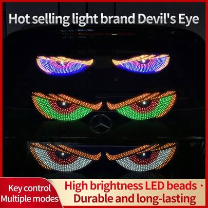 Reletech 动态恶魔眼灯贴 - LED柔性屏幕灯，通用型，适用于卡车、轿车、SUV，无需电池，后窗彩色灯，10+1种闪烁模式，防水高亮度