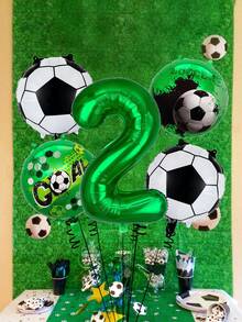 5pcs 1-9 Years Old Football Birthday Balloon Set, Includes Green Number 1-9 Balloons, 18 Inch Round Football World Cup Balloons, Football Foil Balloons, Suitable For 1-9 Years Old Football Birthday Theme Party, Football Field Decoration, Sports Theme Party Supplies, Birthday Party Decoration, Sports Event Party Supplies - Multicolor - View 5