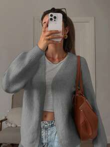 Women Long Sleeve V Neck Cardigan Regular Length With Pockets Medium Stretch Fabric - Grey - View 1