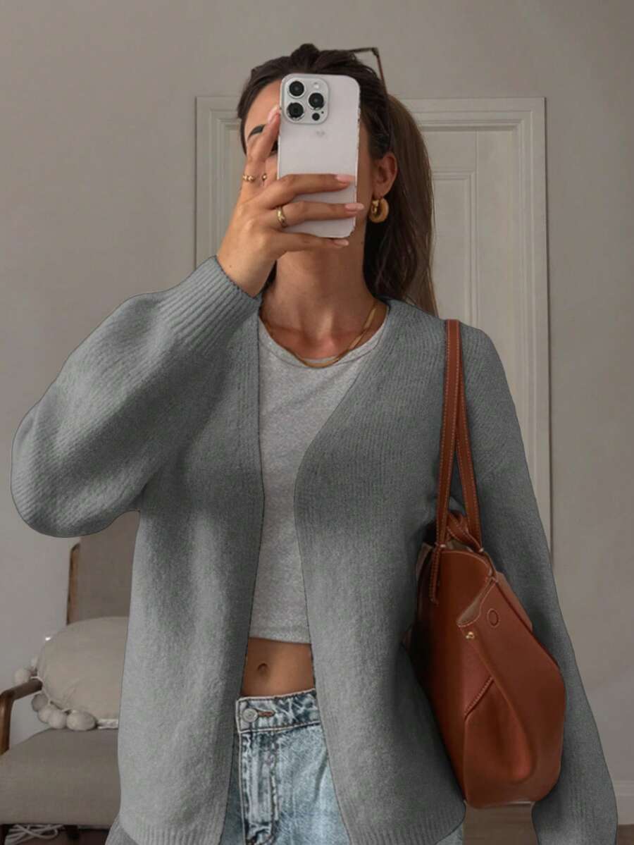 Women Long Sleeve V Neck Cardigan Regular Length With Pockets Medium Stretch Fabric - Grey - View 1