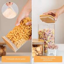 6PCS Glass Storage Jars, 37oz Clear Glass Food Storage Container With Sealed Bamboo Lid Stackable Kitchen Jars For Candy, Biscuits, Rice, Sugar, Flour, Pasta, Nuts & Spice Jars (Square)