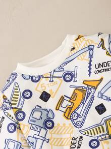 2 件套幼儿男童工程车印花长袖 T 恤和破洞牛仔裤套装，春秋季 - 白色 - 查看 3