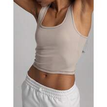 Women Rib Tank Top Padded Workout Top Square Neck Crop Tank Fitted Basic Cami Tops - Oat Milk - View 4