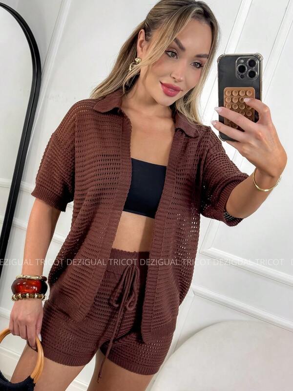 Saída De Praia Shorts e Chamise Conjunto Feminino Moda Praia Look Praiano Marrom