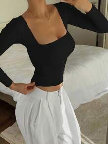 Top de manga larga básico y minimalista con cuello redondo, de doble capa y ajuste sin costuras - Negro - Ver 3