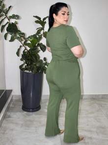 Women's Plus Size Knit Sweatshirt Set, Blouse And Simple Pants, Knitted Fabric, Pocket Set, Holiday Vacation, Daily Home, Travel, Summer - 軍綠色 - 查看 3