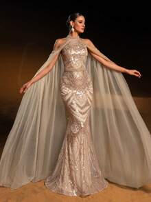 Faeriesty Haute Glamour Elegant Halter-Neck Mermaid Gown With Sheer Sleeves And Sparkly Sequin Beadwork – Fish-Scale Pattern, Long Flowing Train For Galas, Wedding Guest Attire, Upscale Parties & Red-Carpet Occasions For Women