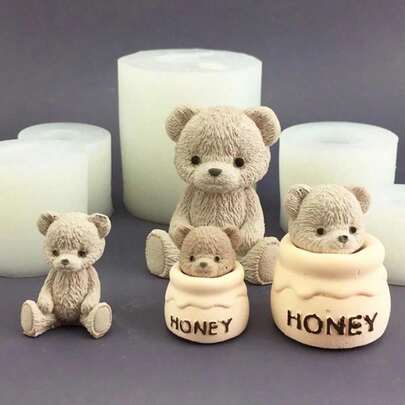 1pc Teddy Bear Honey Jar 2024 Little Bear Candle Silicone Mold Cake Baking Mould Aroma Candle Plaster Drip Mold For Home Decoration