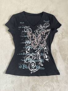 女款 Y2K 蝴蝶印花 V 领短袖 T 恤，海军蓝 - 黑色 - 查看 3