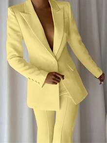 2pcs Solid Color Button Women's Suit Set, Suitable For Office And Daily Wear, All Seasons - 黃色 - 查看 4