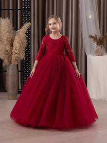 Tween Girl Lace Trim Deep V Back Mesh Princess Dress, Suitable For Birthday Party, Easter, Flower Girl, Wedding, Prom, Holiday Occasions - Burgundy - View 4