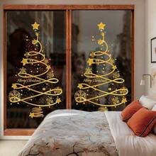 1pc Festive Christmas Tree Wreath Sticker, Glass Wall Decoration For Windows, Reusable Static Decal, Golden Festive Holiday Cling With Christmas Tree, Wreath And Snowflakes Design - Non-Electric, Featherless, Merry Christmas Display For Glass Surfaces