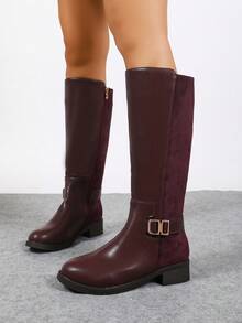女士新款酒红色仿皮绒面拼接基本款侧拉链设计经典圆头舒适不紧绷高筒修身显腿型保暖内衬秋冬保暖平底时尚马靴/过膝靴，适合秋季、派对等场合 - 酒紅色 - 查看 7