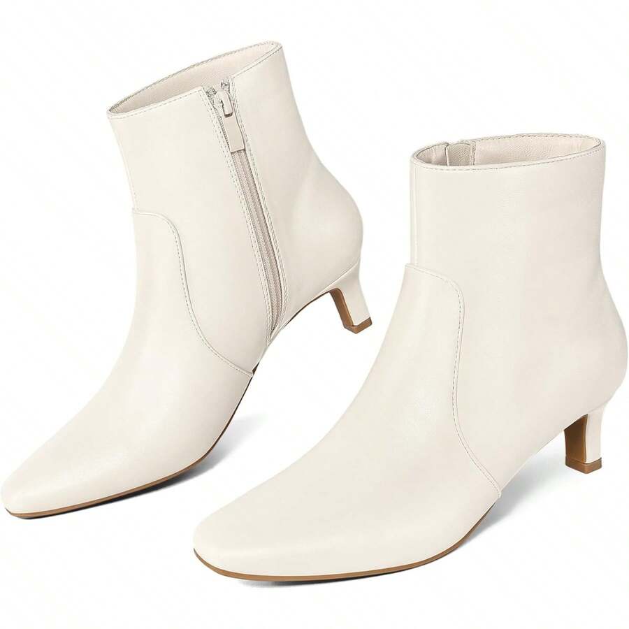 Sexy Square Toe Kitten Heel Booties For Women, Fashion Solid Color Side Zipper Ankle Boots With Faux Leather ,Comfortable Versatile Women Shoes - 奶油色PU - 查看 1