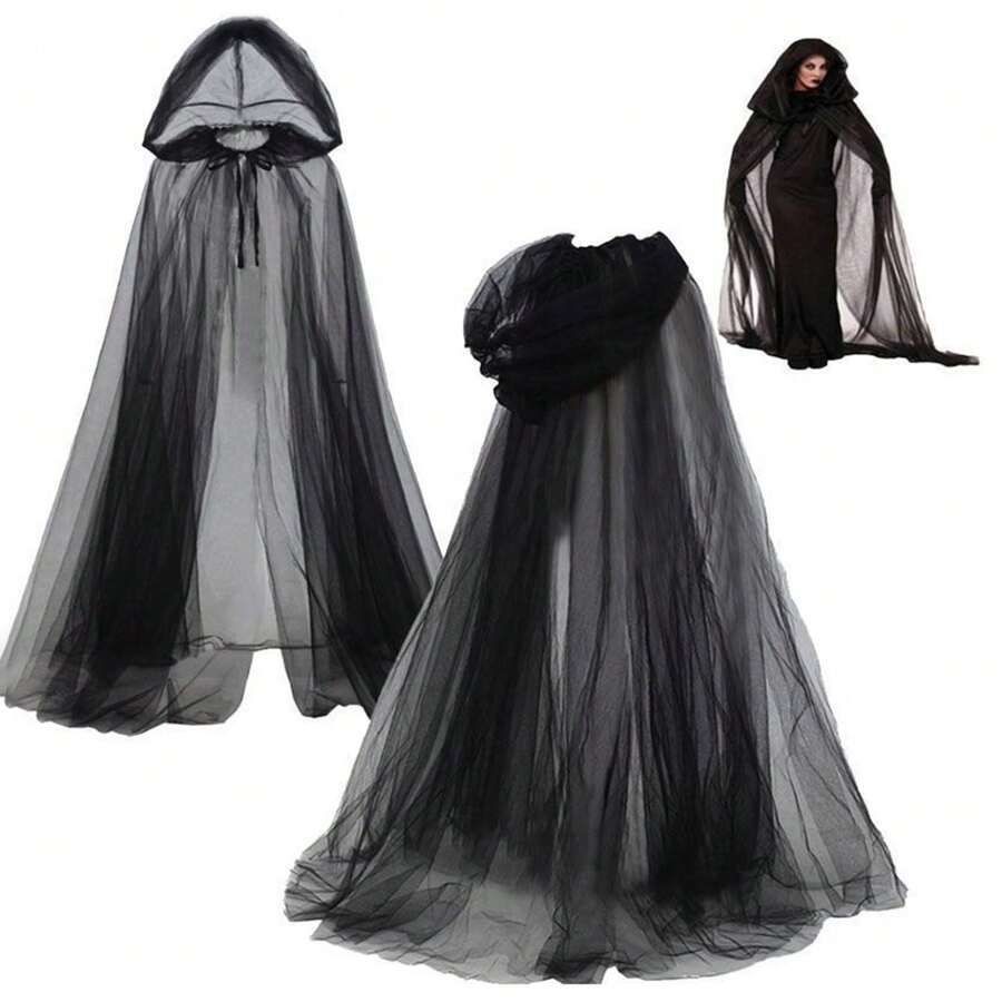 1 Peça Xale Nupcial Branco e Preto, Lenço de Chiffon para Cosplay de Bruxa e Vampira de Halloween, Capa de Dupla Camada para Halloween, Festa de Terror, Fantasia de Carnaval, Roupa de Outono para Mulheres - Multicolorido - Visão 1