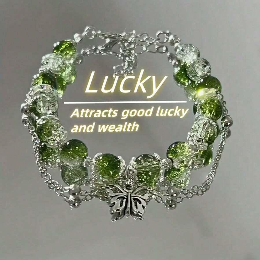 Vintage Y2K Style Crackled Glass Bead Lucky Fortune Bracelet With Butterfly Charm - Perfect Gift For Women