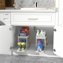 2-Tier Under-Sink Storage Rack, Kitchen Cabinet Shelving Unit, Dual Sliding Cabinet Basket Storage Drawers, Multifunctional Bathroom Storage Basket, Storage Rack, Under-Counter Kitchen Storage Rack, Featuring 5 Hooks & 2 Hanging Baskets, Kitchen Decor, Holiday Gift